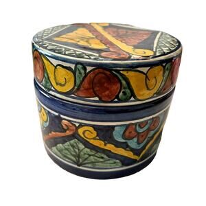 Mexican folk art pottery jar with lid, artist signed “Amora”, 5”x 5” Preowned